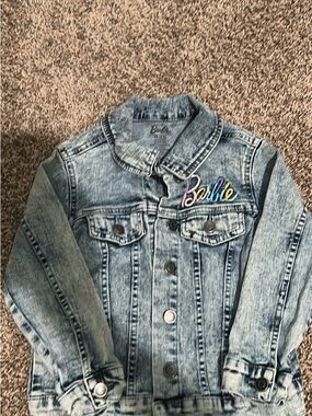Barbie Light Wash Denim Jacket with Multicolor Embroidered Logo - Blue